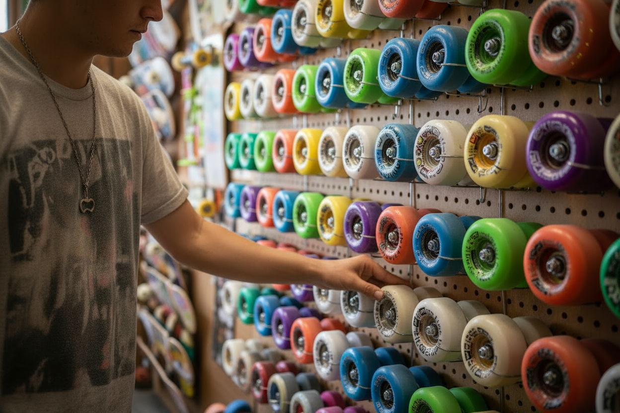 Customer choosing skate wheels