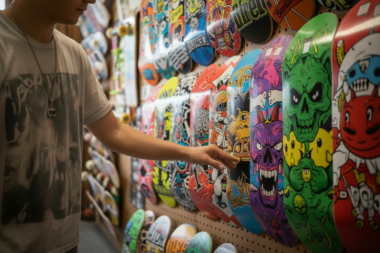 Customer choosing skateboard deck