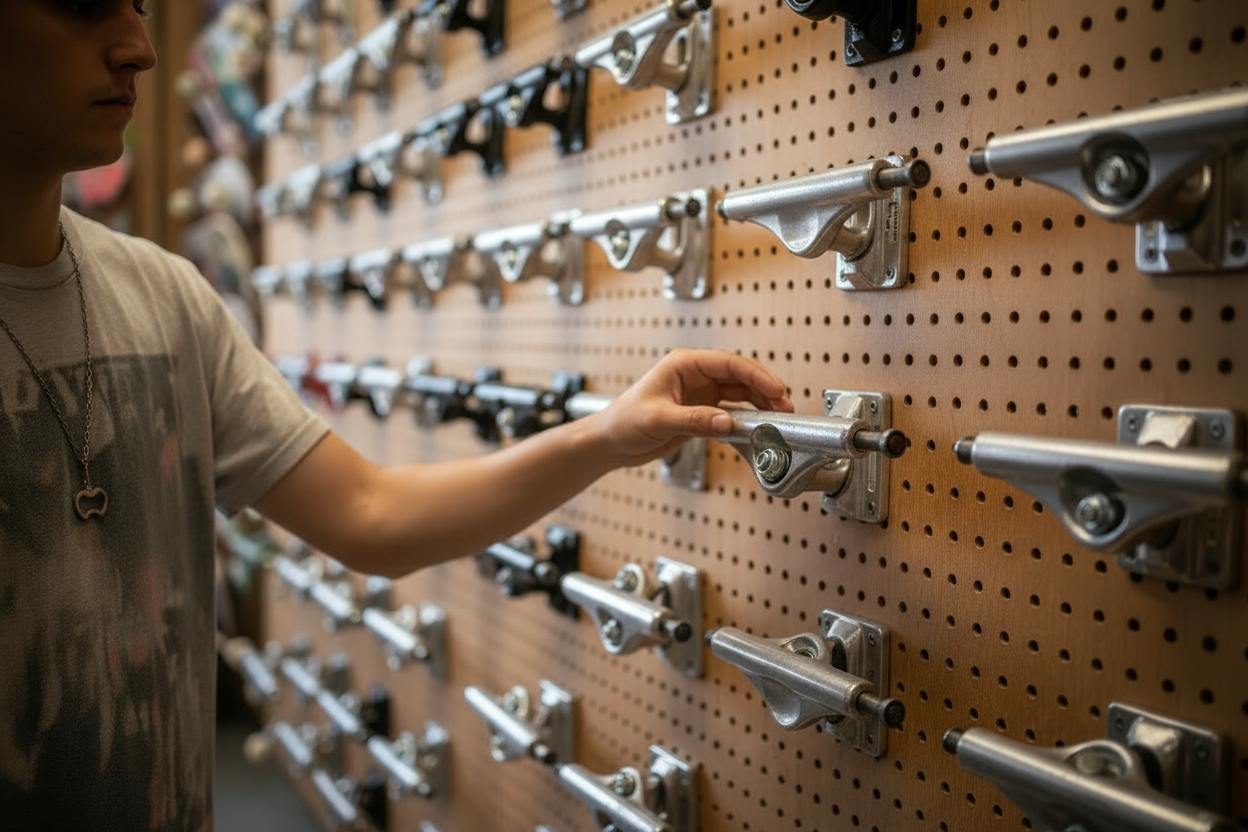 Customer choosing skateboard trucks