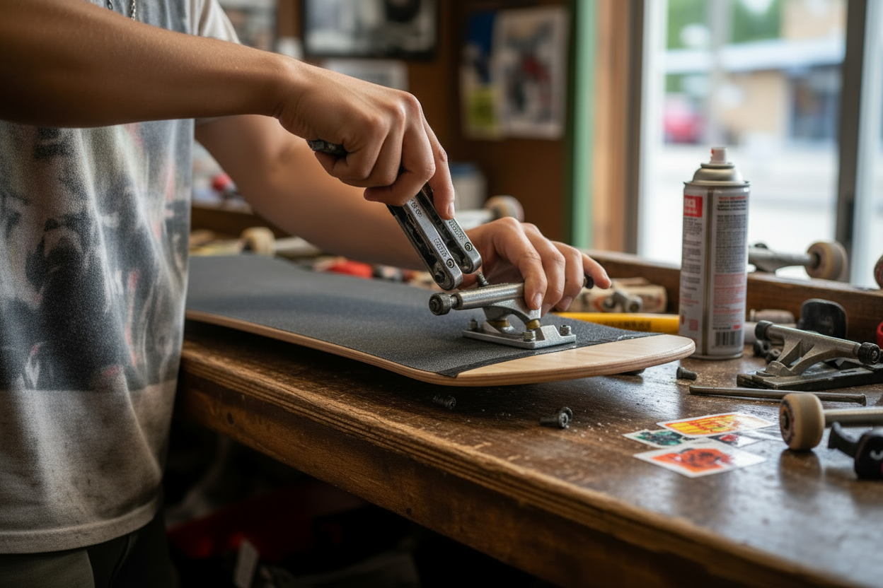 Skate shop worker installing trucks