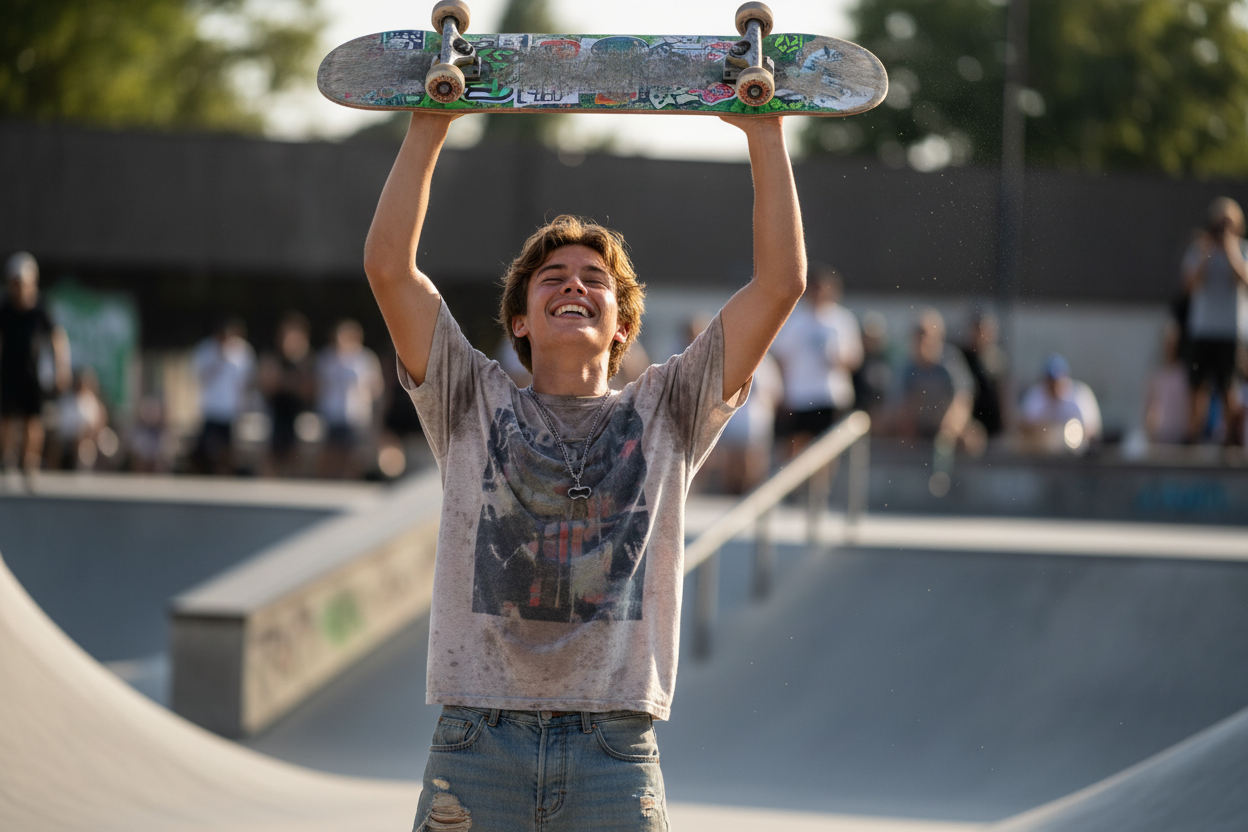 Skater celebrating with skateboard